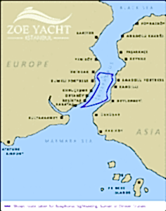 Bosphorus strait map route for sightseeing cruise